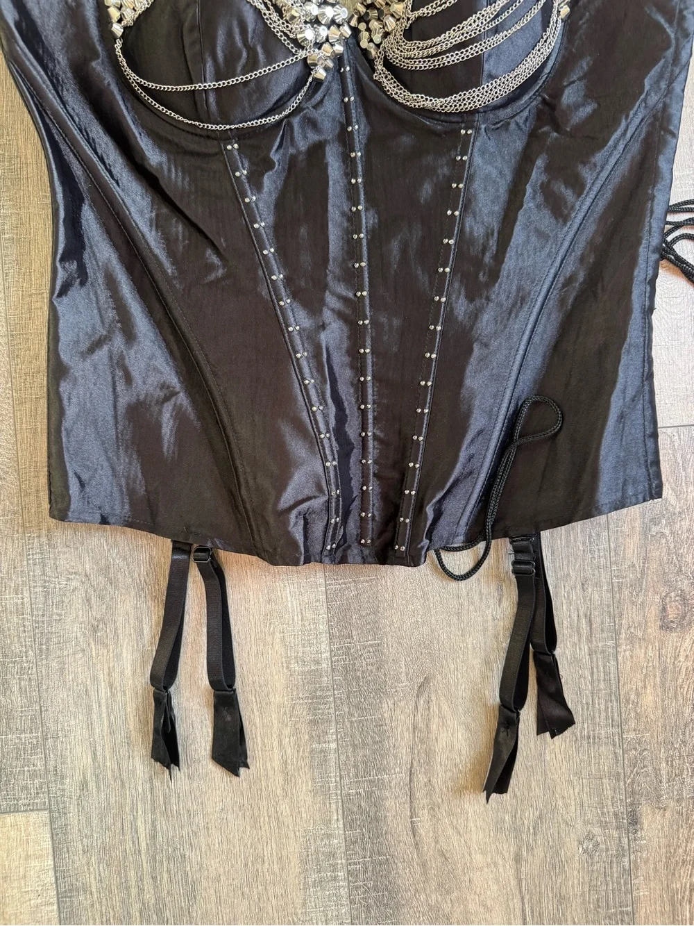 Fredericks of Hollywood Y2K Vintage Black Studded Chain Corset Top
